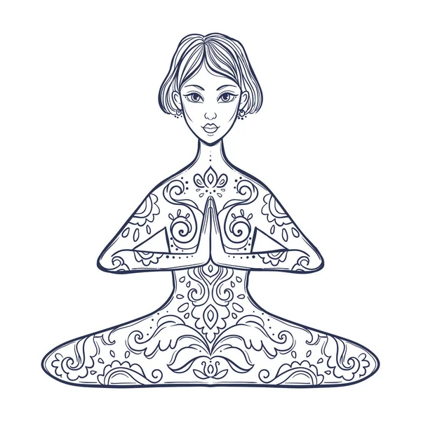 Decoratieve vrouw in een yoga pose Vector illustratie in etnische, boho stijlen. — Stockvector