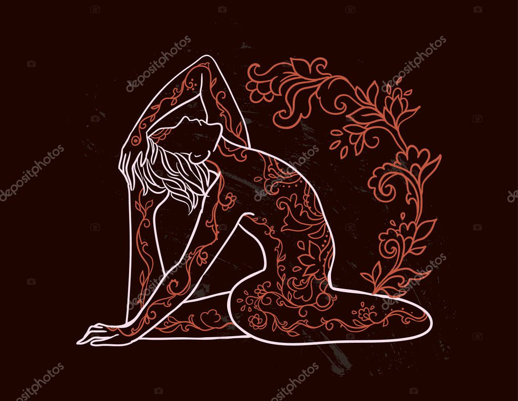 Vector illustration line drawing Ornament beautiful card with yoga man. Lotus pose isolated on background. Medallion, yoga, india, arabic consent.