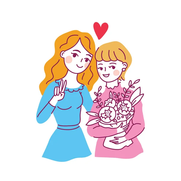 Feliz día de la amistad. Madre e hija. Estilo kawaii Doodle — Archivo Imágenes Vectoriales