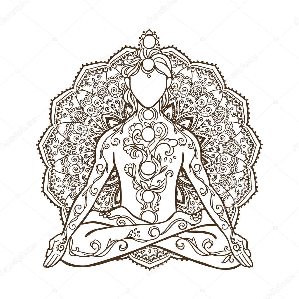 Ornament beautiful card with yoga man. Geometric element hand drawn. Vector illustration for design for logo, banner flyers. Medallion, yoga, india, arabic. Stay calm in stressful situations. Breathe