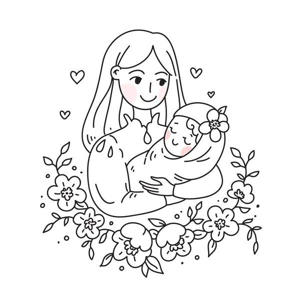 Doodle kawaii风格。可爱的女人矢量插图。母亲节快乐. — 图库矢量图片