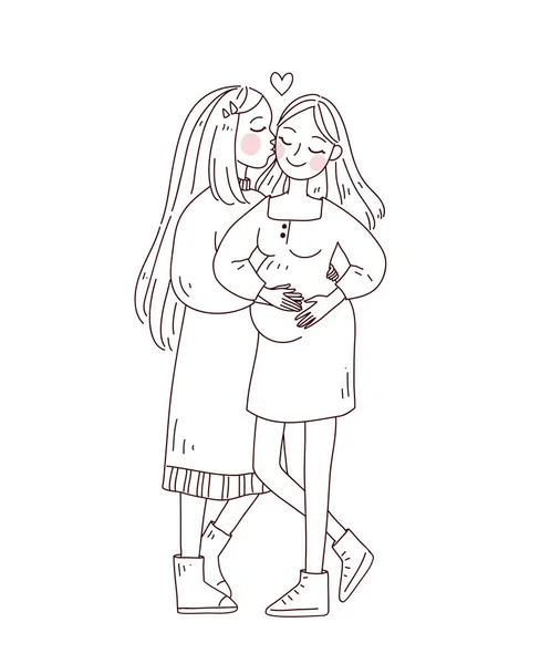 LGBTレズビアン家族の概念。キスと抱擁のステッカー — ストックベクタ