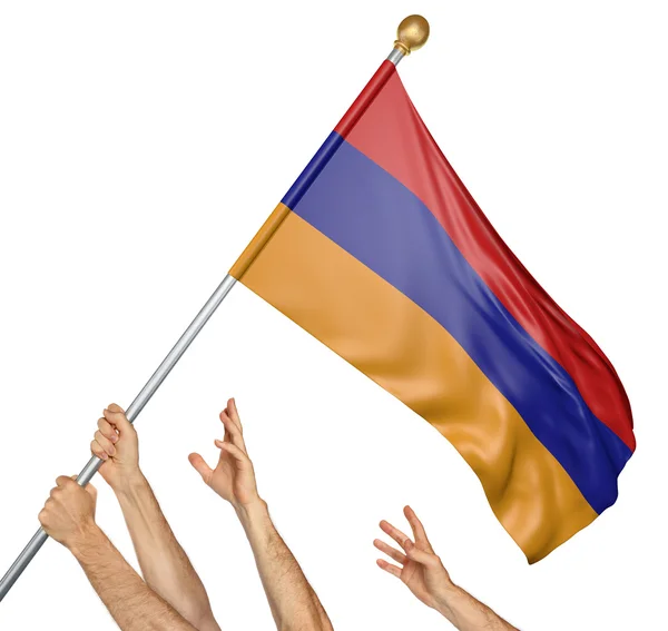Team of peoples hands raising the Armenia national flag, 3D rendering isolated on white background — Stock Photo, Image