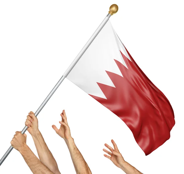 Csapat népek kéz emelése a Bahreini nemzeti zászló, 3d rendering elszigetelt fehér background — Stock Fotó