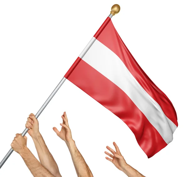 Team av bemannar händer att höja den Österrike nationellt flagga, 3d-rendering isolerad på vit bakgrund — Stockfoto