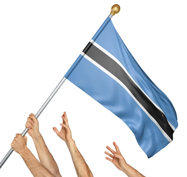 Equipo de manos de los pueblos levantando la bandera nacional de Botswana, representación 3D aislada sobre fondo blanco —  Fotos de Stock