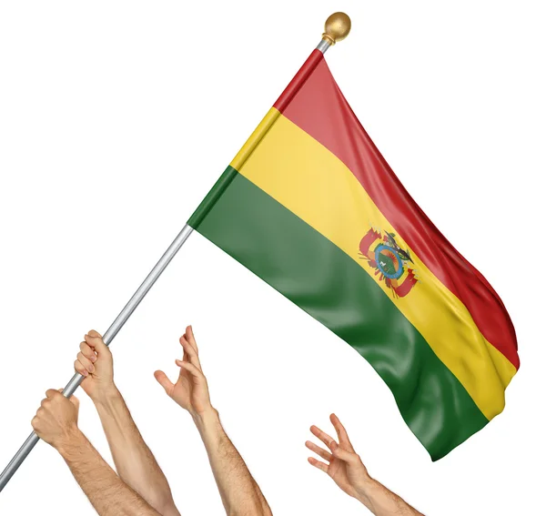 Team von Menschenhänden beim Hissen der bolivianischen Nationalflagge, 3D-Darstellung isoliert auf weißem Hintergrund — Stockfoto