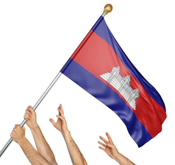 Equipo de personas manos levantando la bandera nacional de Camboya, representación 3D aislado sobre fondo blanco —  Fotos de Stock