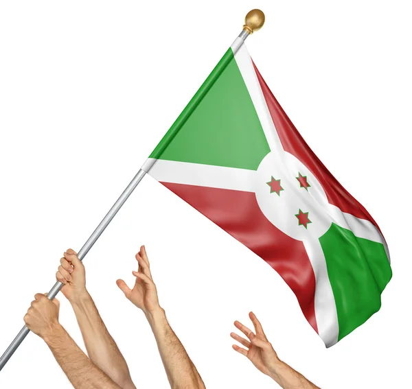 Team av bemannar händer att höja Burundi national flagga, 3d-rendering isolerad på vit bakgrund — Stockfoto