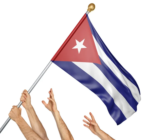 Csapat népek kéz emelése a Kuba nemzeti zászló, 3d rendering elszigetelt fehér background — Stock Fotó