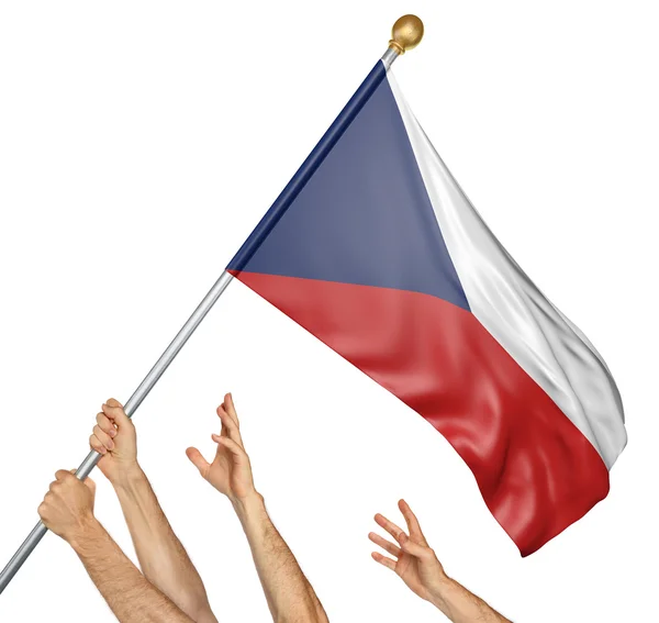 Team of peoples hands raising the Czech Republic national flag, 3D rendering isolated on white background — Stockfoto