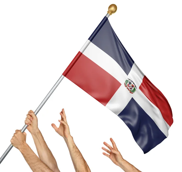 Equipo de manos de los pueblos levantando la bandera nacional de República Dominicana, representación 3D aislada sobre fondo blanco — Foto de Stock