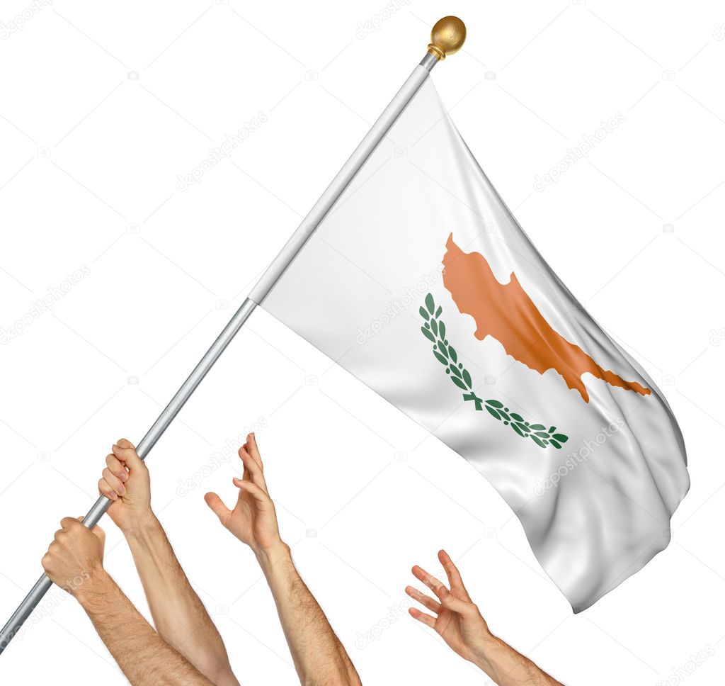 Team of peoples hands raising the Cyprus national flag, 3D rendering isolated on white background