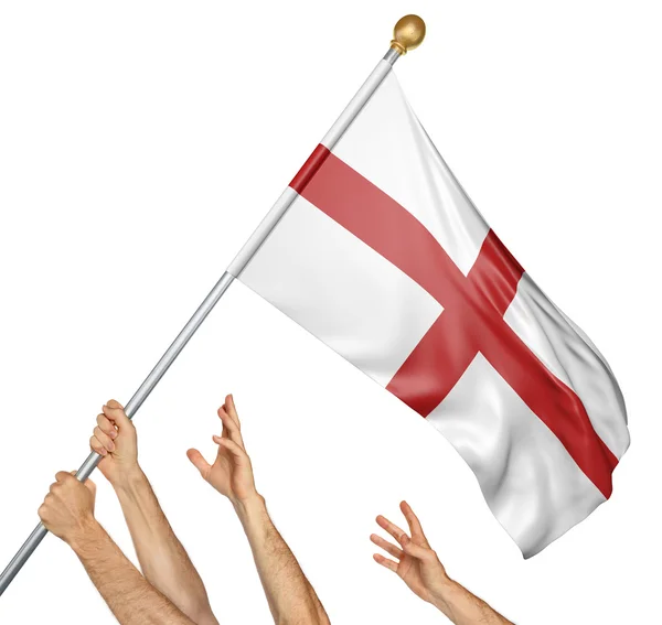 Team af folkeslag hænder hæve England nationalflag, 3D rendering isoleret på hvid baggrund - Stock-foto