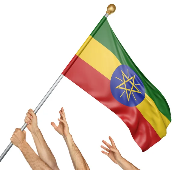 Equipo de personas manos levantando la bandera nacional de Etiopía, representación 3D aislada sobre fondo blanco —  Fotos de Stock