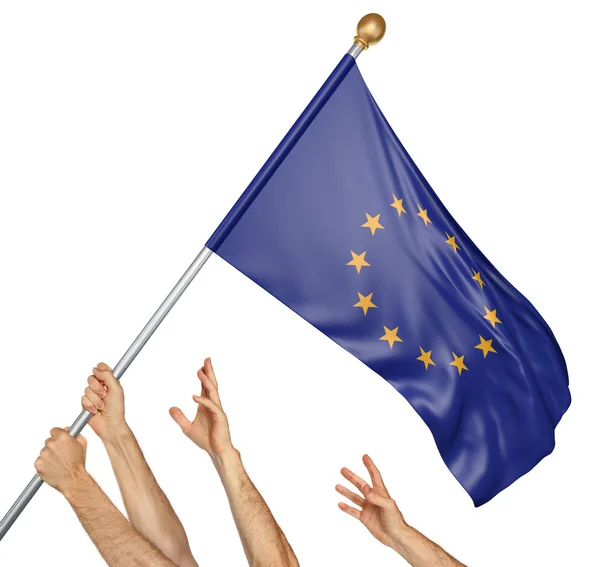 Команда народов поднимает флаг Европейского Союза, 3D рендеринг изолирован на белом фоне — стоковое фото