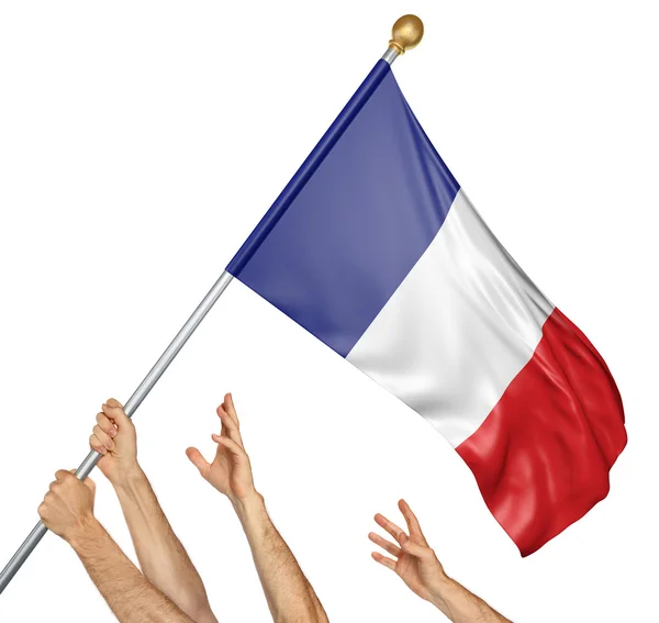 Team of peoples hands raising the France national flag, 3D rendering isolated on white background — Stock Photo, Image