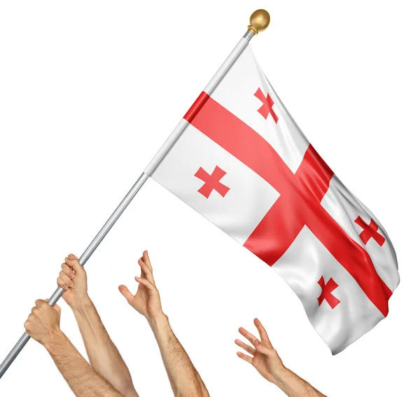Команда народов поднимает национальный флаг Грузии, 3D рендеринг изолирован на белом фоне — стоковое фото