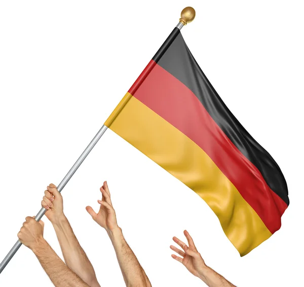 Team of peoples hands raising the Germany national flag, 3D rendering isolated on white background — Φωτογραφία Αρχείου