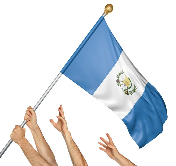 Equipo de personas manos levantando la bandera nacional de Guatemala, representación 3D aislada sobre fondo blanco — Foto de Stock