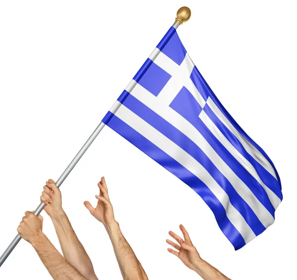 Team of peoples hands raising the Greece national flag, 3D rendering isolated on white background — Stock Photo, Image
