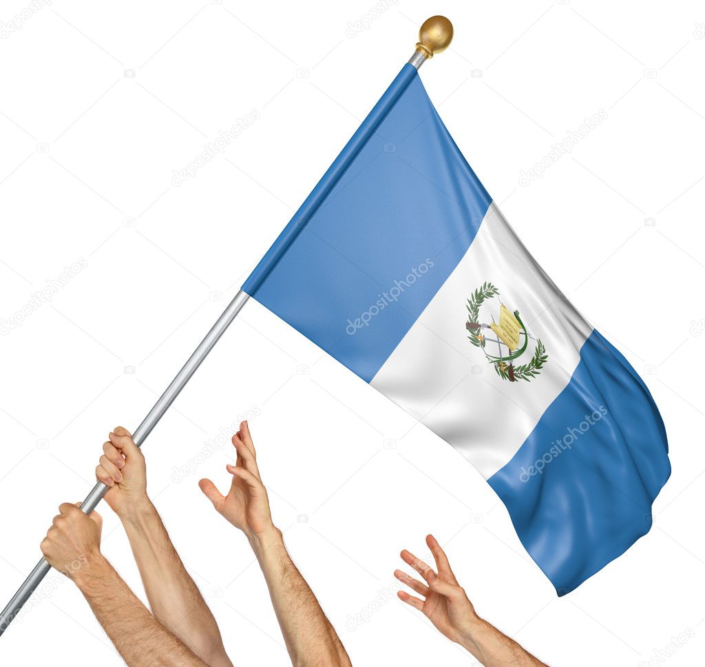 Team of peoples hands raising the Guatemala national flag, 3D rendering isolated on white background