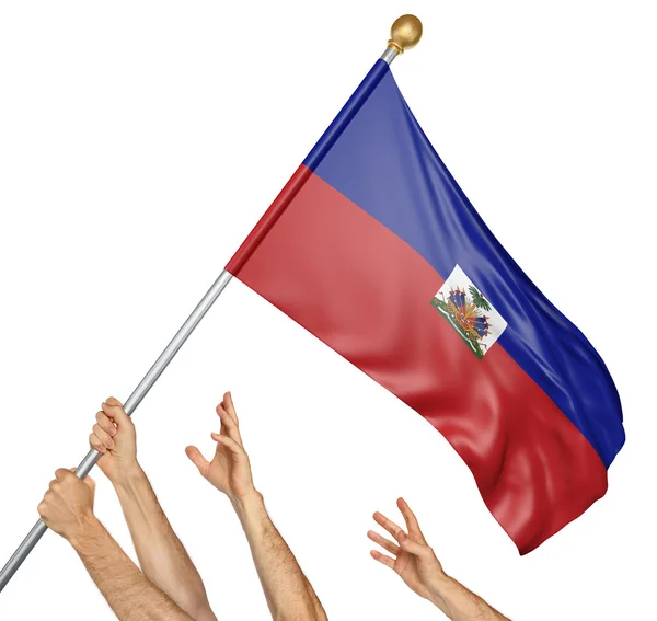 Team of peoples hands raising the Haiti national flag, 3D rendering isolated on white background — Stock Photo, Image