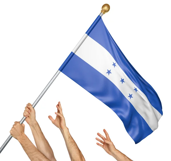 Tiimi kansojen kädet nostaa Hondurasin lippu, 3D tekee eristetty valkoisella pohjalla — kuvapankkivalokuva