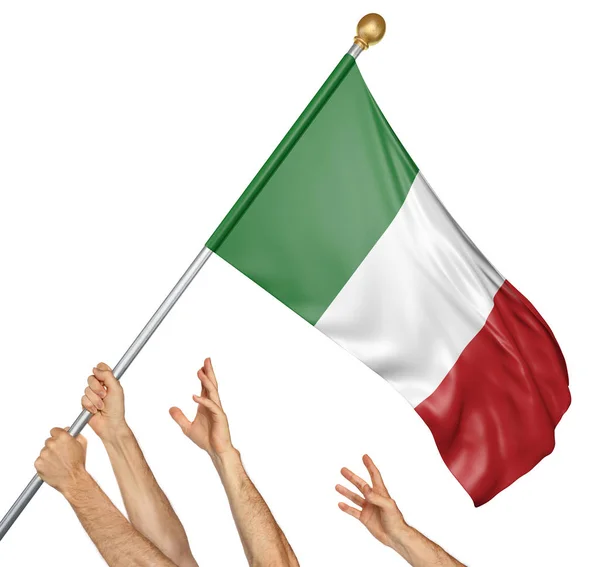 Equipe de povos mãos levantando a bandeira nacional da Itália, 3D renderização isolada em fundo branco — Fotografia de Stock