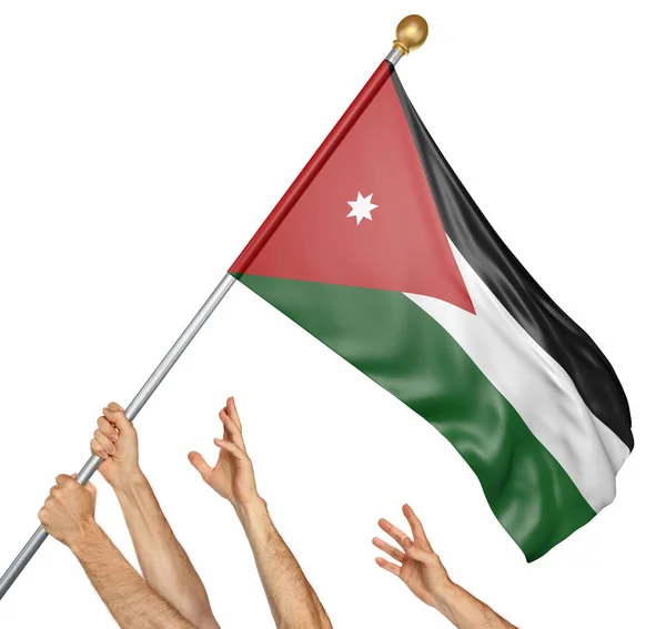 ヨルダン国立を上げる人々 の手のチーム旗、白い背景に分離された 3 d レンダリング — ストック写真