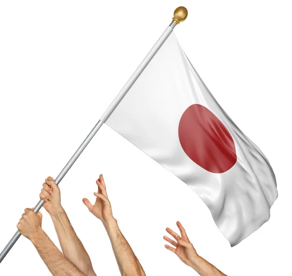 Csapat népek kéz emelése a japán nemzeti zászló, 3d rendering elszigetelt fehér background — Stock Fotó