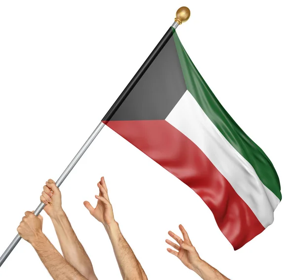 Team van volkeren handen verhogen de Koeweit-nationale vlag, 3D-rendering geïsoleerd op witte achtergrond — Stockfoto