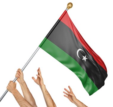 Libya Ulusal yükselterek halkları el takım bayrak, beyaz arka plan üzerinde izole 3d render