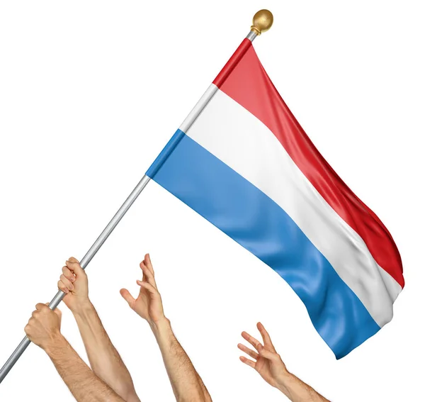 Equipo de manos de los pueblos levantando la bandera nacional de Luxemburgo, representación 3D aislado sobre fondo blanco — Foto de Stock