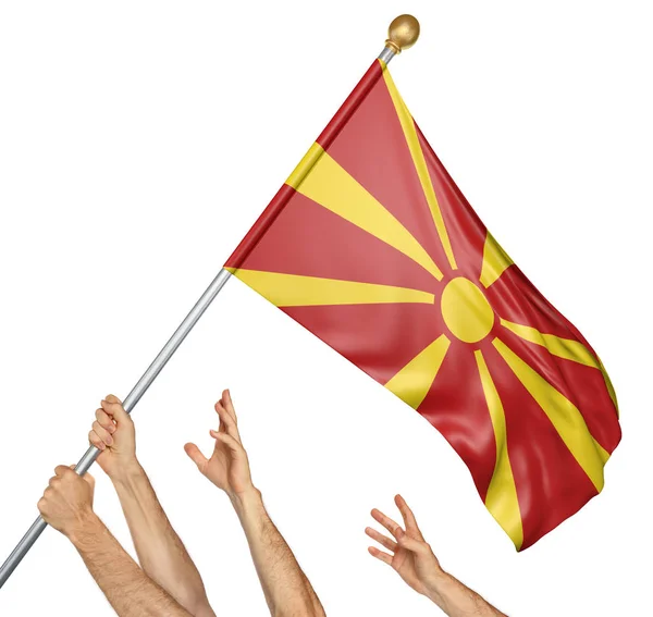 Team of peoples hands raising the Macedonia national flag, 3D rendering isolated on white background — Stock Photo, Image