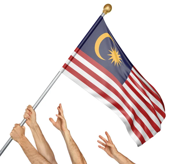 Team of peoples hands raising the Malaysia national flag, 3D rendering isolated on white background — Stock Photo, Image