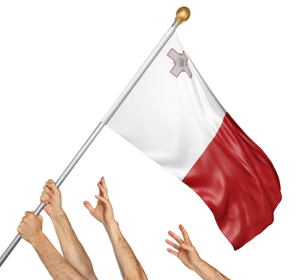 Team of peoples hands raising the Malta national flag, 3D rendering isolated on white background — Stock Photo, Image