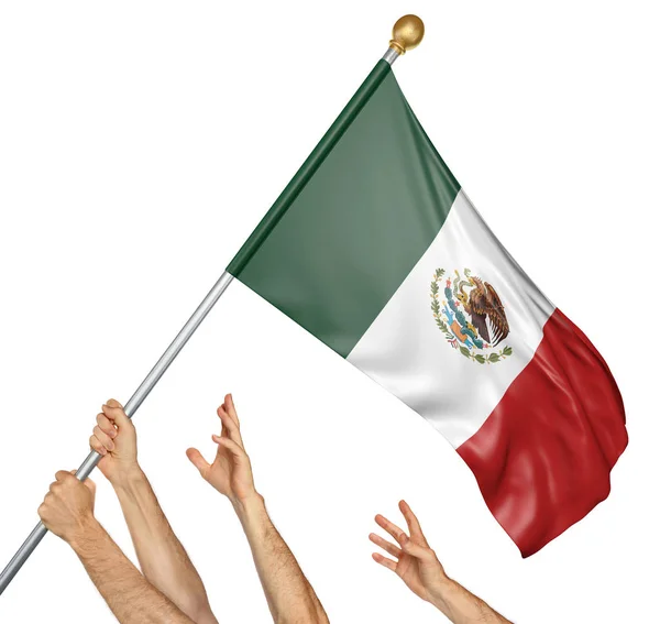 Команда народов поднимает национальный флаг Мексики, 3D рендеринг изолирован на белом фоне — стоковое фото