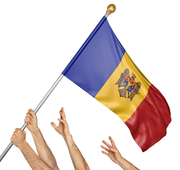 Team von Menschenhänden beim Hissen der moldawischen Nationalflagge, 3D-Darstellung isoliert auf weißem Hintergrund — Stockfoto