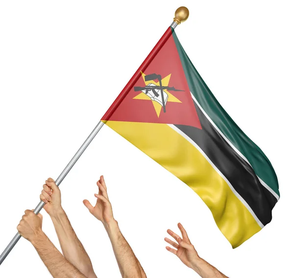 Equipo de manos de los pueblos levantando la bandera nacional de Mozambique, representación 3D aislado sobre fondo blanco —  Fotos de Stock