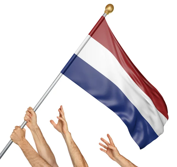 Team van volkeren handen verhogen van de Nederlandse nationale vlag, 3D-rendering geïsoleerd op witte achtergrond — Stockfoto