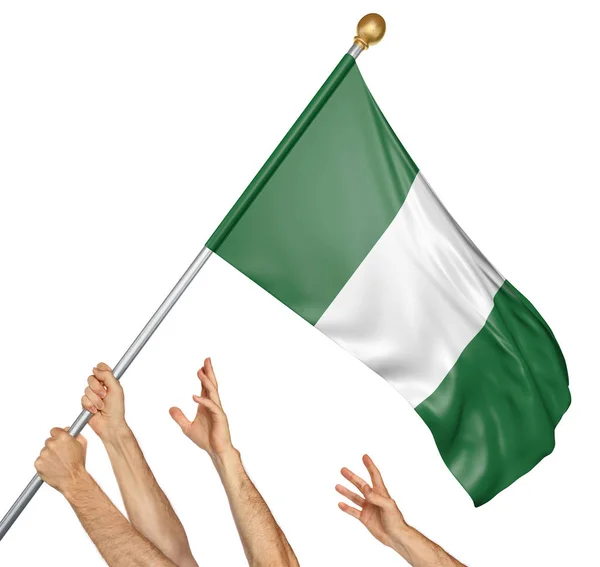 Ομάδα λαών χέρια αύξηση η Νιγηρία εθνική σημαία, 3d rendering που απομονώνονται σε λευκό φόντο — Φωτογραφία Αρχείου