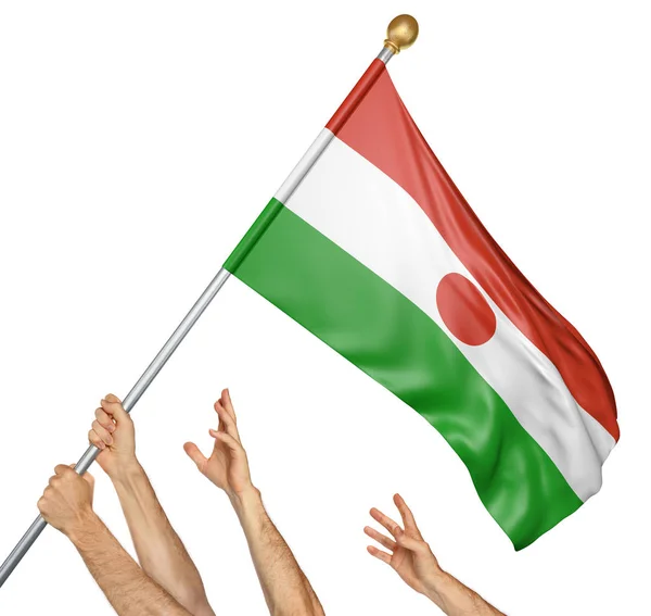 Team av bemannar händer att höja den Niger nationellt flagga, 3d-rendering isolerad på vit bakgrund — Stockfoto
