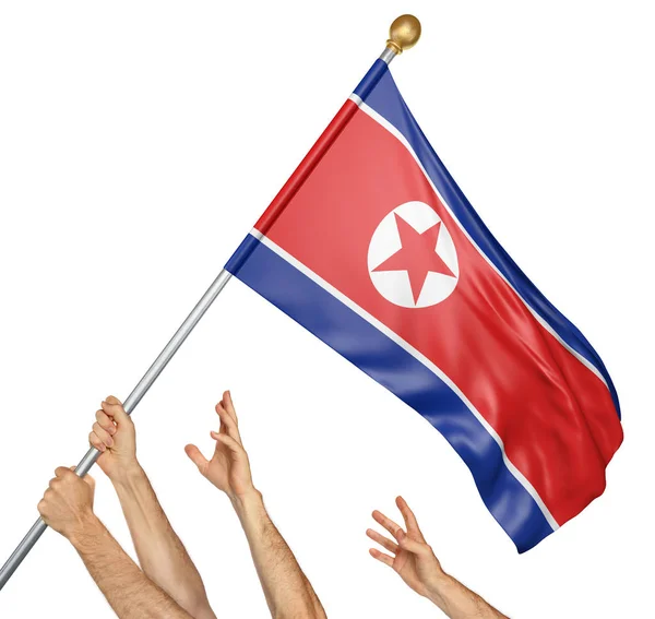 Equipo de personas manos levantando la bandera nacional de Corea del Norte, representación 3D aislado sobre fondo blanco —  Fotos de Stock