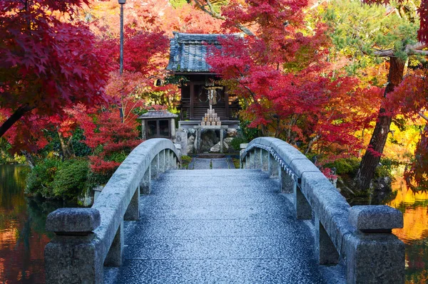 Puente a una isla de estanque con un pequeño santuario de oración japonés y árboles de arce de otoño rojo —  Fotos de Stock