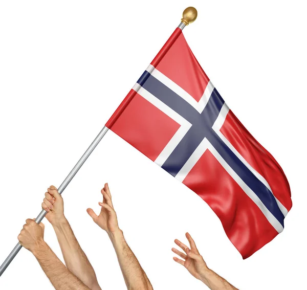 Equipo de manos de los pueblos levantando la bandera nacional de Noruega, representación 3D aislado sobre fondo blanco — Foto de Stock