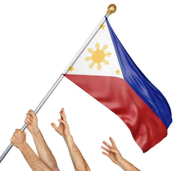 Team av bemannar händer att höja den Filippinerna nationellt flagga, 3d-rendering isolerad på vit bakgrund — Stockfoto