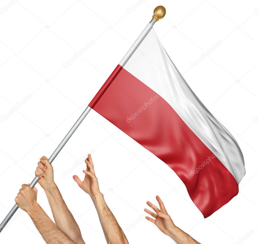 Team of peoples hands raising the Poland national flag, 3D rendering isolated on white background