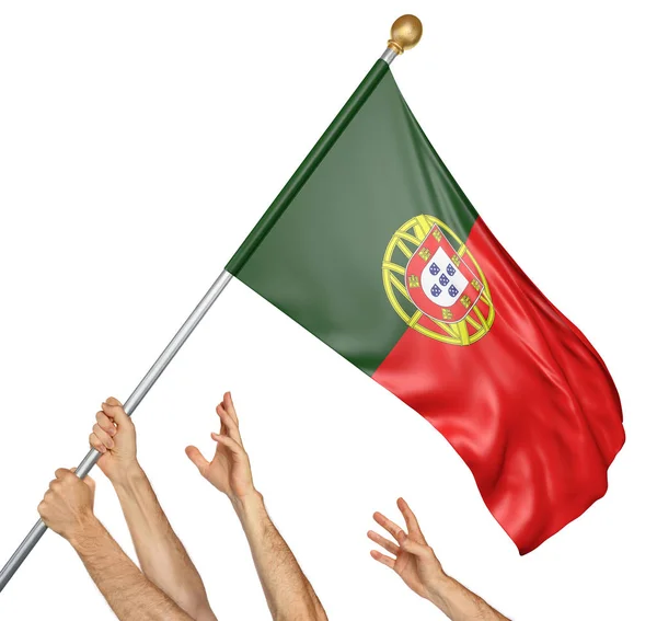 Equipo de manos de los pueblos levantando la bandera nacional de Portugal, representación 3D aislado sobre fondo blanco — Foto de Stock