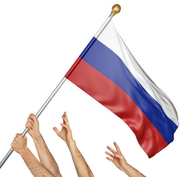 Team of peoples hands raising the Russia national flag, 3D rendering isolated on white background — Stock Photo, Image